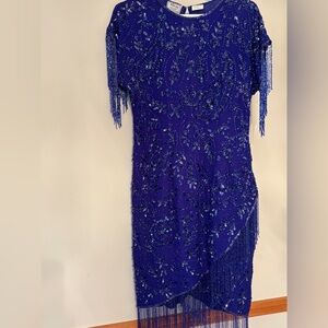 VTG Stenay Women 100% Pure Silk Royal Blue Beaded Fringe Elegant Flapper Dress